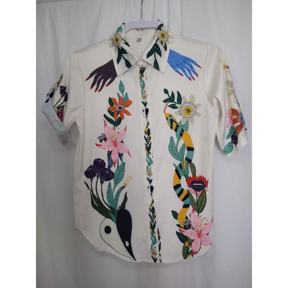 Like My Choice Womens White Floral with Hands Print Button Up Shirt